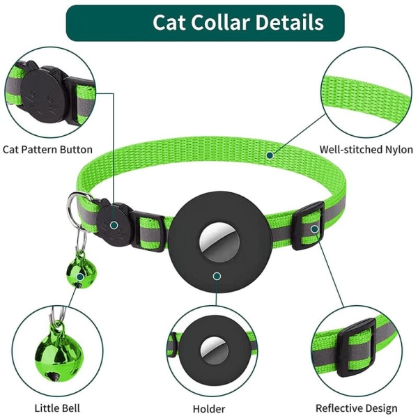 Reflekterende kattehalsbånd med klokke og vandtæt etui, kompatibel med stativ, sikkerhedsspændekrave, grøn