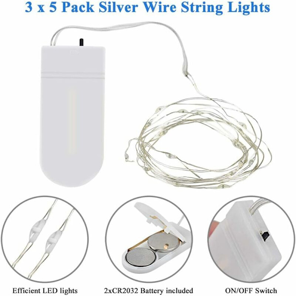 15-pack Blå LED-ljusslingor, 2M 20 LED Batteridrivna Koppartrådsljusslingor för Jul, Födelsedag, Bröllop, Halloween