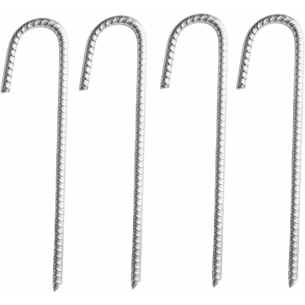 4-pack kraftiga galvaniserade stålj-formade markspikar - för partytält, paviljonger, slott, tält, studsmattor, hoppborgar, camping, fotbollsmål