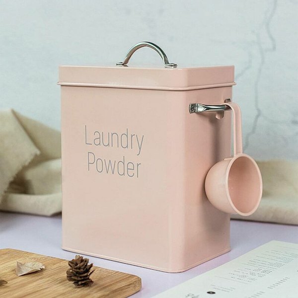 Tøyvaskpulverboks med skje, 4L vaskemiddelbøtte, metallvaskemiddelbeholder for oppbevaring i hjemmet Rosa