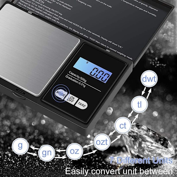 Precisionsvåg, 500g/0.01g, Köksvåg, Bärbar Digital Fickvåg med LCD-Skärm och Tarafunktion, Smyckesvåg, för Smycken, Kaffe, etc.