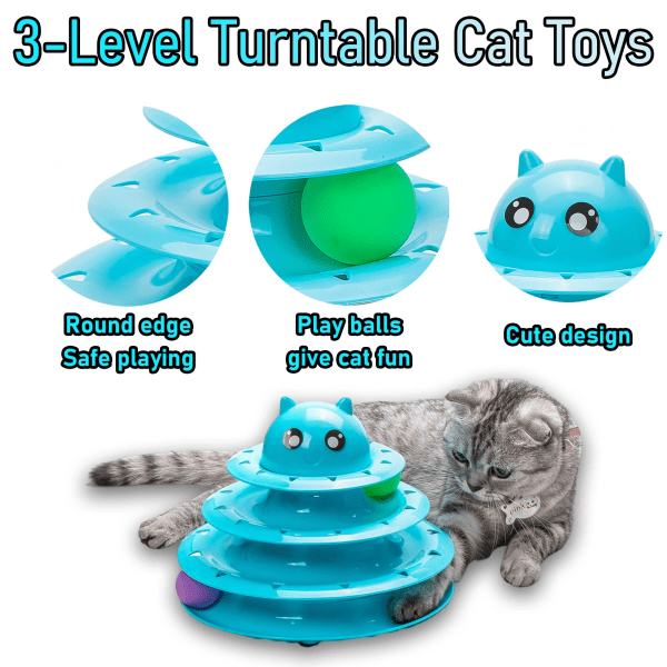 Pet Interactive Fun Roller Exerciser 3-lags katteballleketøy med 3 fargerike baller (blå)