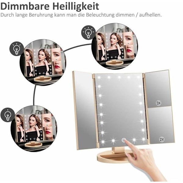 Valaistu meikkipöytäpeili - Kolme taittuvaa paneelia - Suurennokset X1 X2 X3 - Luonnolliset LED-valot - Kosketusnäyttö - Ladattava