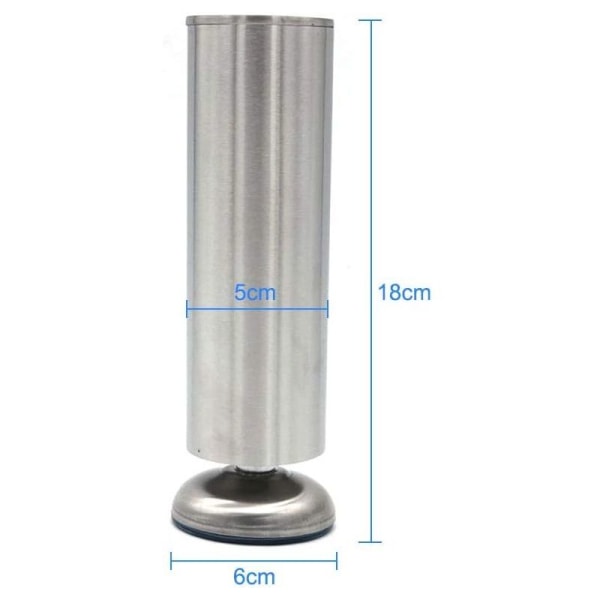 4-pak justerbare møbelben 18 cm x 5 cm Benene er laget av rustfritt stål, bestående av et solidt rustfritt ståldeksel (3,5 mm), en tykkere base og en bolt. Overlegen kvalitet og utførelse gjør at hvert ben kan bære opptil 100 kg vekt.
