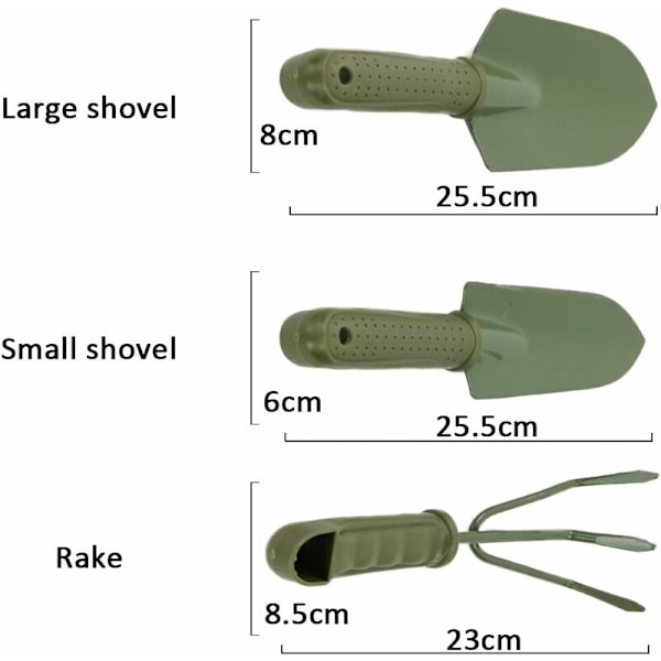 3-delt hageverktøysett, hagepotteverktøy, luking, dyrking, poding, planteverktøy (2 skovler, 1 rive)