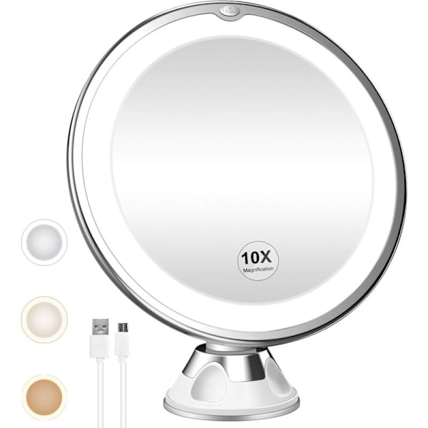 10x Förstorande Upplyst Smink Spegel, Laddningsbar, 3 Färglägen, 360° Rotation, Kraftfull Låsande Sugkopp, Bärbar Trådlös Toalettspegel för