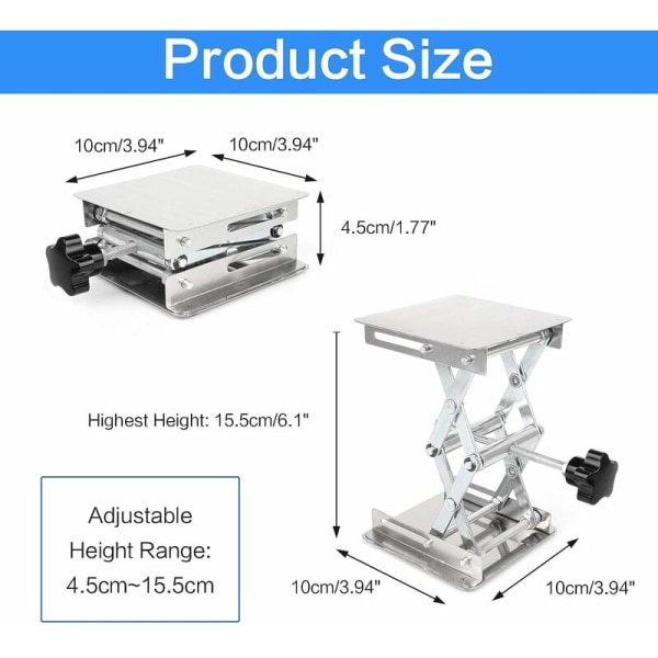 Laboratorie Løftebord i Rustfrit Stål Laboratorie Løfteplatform Justerbar Laboratorie Løft 45-150mm Laboratorie Løft Stativ 100mm x 100mm Støttekapacitet 10kg