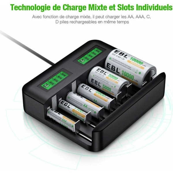 LCD-yleislaturi, yleislaturi AA/LR6-, AAA/LR3-, C/R14-, D/R20-paristoille, Ni-MH-ladattaville akuille, tyypin C mikro-USB-tulolla, 9008 Ch