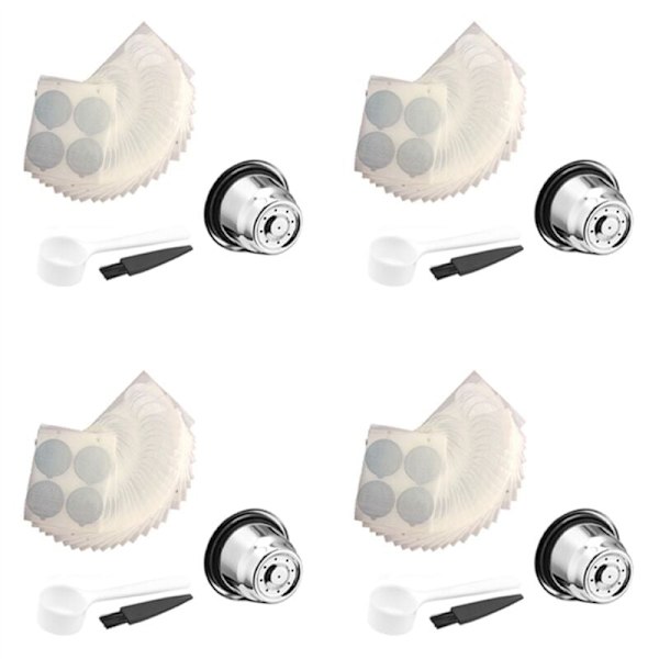 4-pack återanvändbara kapslar med 400 aluminiumlock - Påfyllningsbara kaffekapslar i rostfritt stål för maskiner