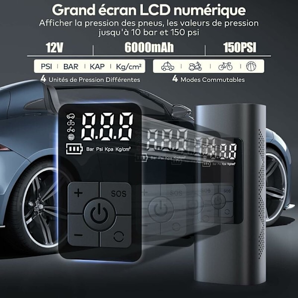 6000mAh Mini Elektrisk Luftpumpe, Bærbar Luftkompressor Trådløs Dekk-inflator 150PSI med Digital LCD-Skjerm, Elektrisk Sykkelpumpe med LED-Lampe for