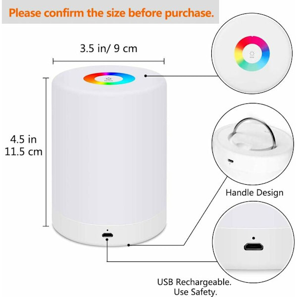 LED-nattlampa, Smart Sängbordlampa, Dimbar Touchkontroll, USB-laddningsbar, Bärbar, RGB-färgbyte för Barn, Sovrum, Camping (Varm W