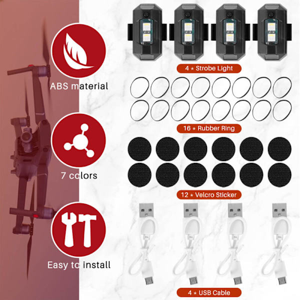 LED-stroboskooppivalo droneille, 7 väriä, USB-lataus, yövalot Air 2S/Mini 2/polkupyörälle/maastopyörälle/autolle/moottoripyörälle, 4 kpl