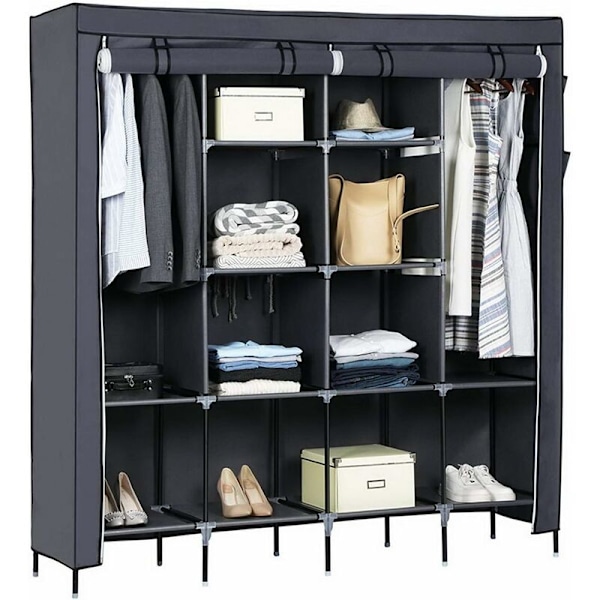 Bærbar Garderobe, Foldbar med 4 Sidelommer, Non-Woven stof til Soveværelse, Garderobe (Grå)