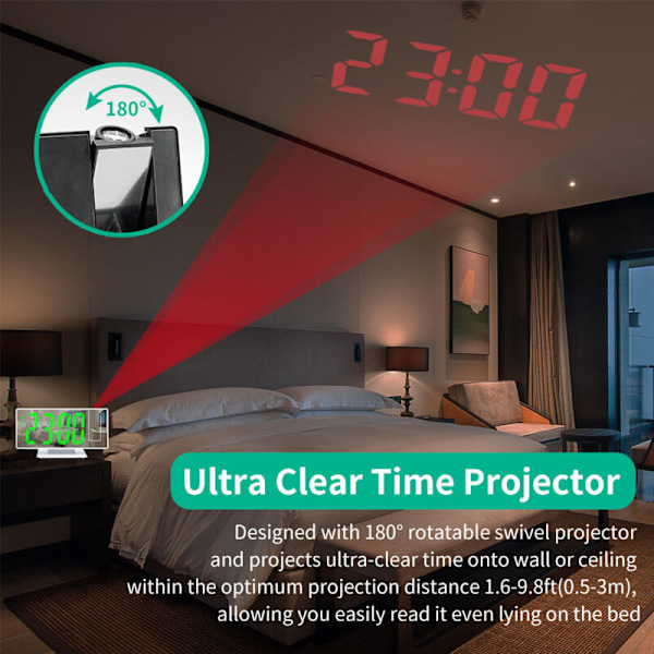 Digital vekkerklokke, projeksjonsvekkerklokke for tunge sovende, digital klokke for soverom med stor LED-skjerm, 12/24H, USB-ladepunkt, snooze