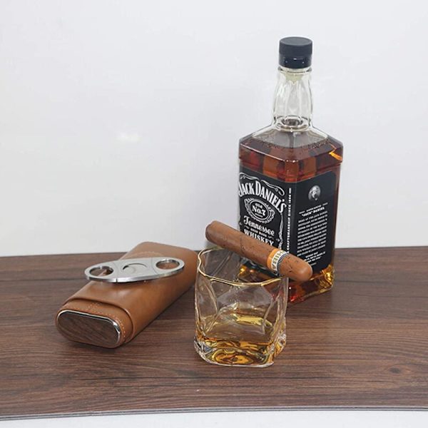 3-Fingers Lädercigarrfodral, Cedarträklädd Cigarrhumidifier med Silverfärgade Rostfria Cigarrklippare