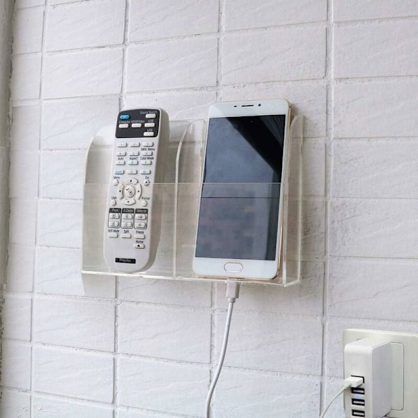 Veggmontert akryl telefonholder fjernkontrollholder media oppbevaringsboks, 2 stk