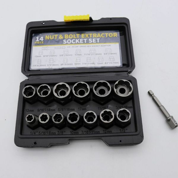 Muttertrekker og bolt håndtak socket sett for å fjerne strippet og fastlåste festemidler. Størrelser fra 6,4 mm til 19 mm / 1/4\" til 3/4\" 13 deler