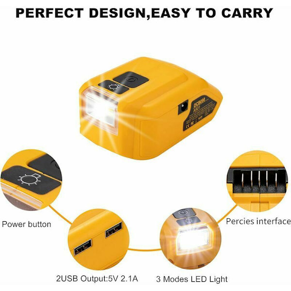 Batteriadapter for Dewalt 14.4V/18V/20V Lithium-Ion batteri, DC-kontakt og LED-arbeidslys og dobbel USB-lader, strømforsyning, kompatibel med D