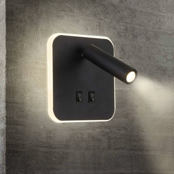 LED sengelamper Indendørs hotelvæglampe Sengevæglamper Korridorvæglampe med afbryder sort 3W + 10W -Versailles (firkantet)
