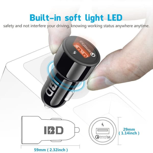 IBD 321 Biloplader, 18W QC3.0 USB Hurtig Biloplader Adapter til iPhone 11/7 plus/6S, Galaxy S10/S9/S8, Note 9, osv.
