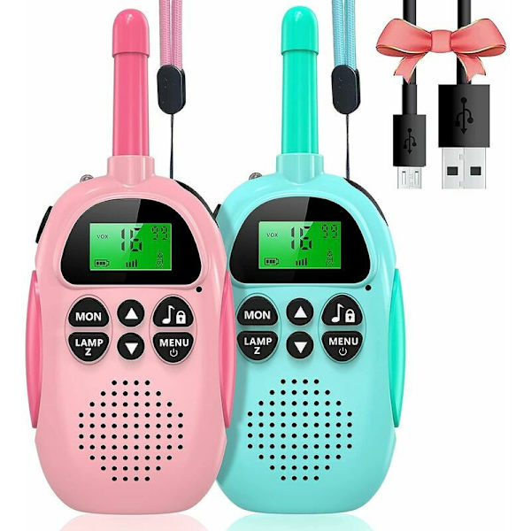 Långdistans Uppladdningsbar Walkie Talkie, Utomhusspel Leksak för Barn, 22 Kanaler, med Bakgrundsbelyst LCD-skärm VOX-funktion, Present till Flickor Pojkar Åldrar 3