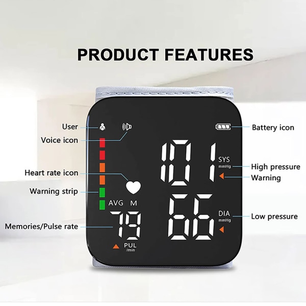 Digital blodtrycksmätare för handleden - Automatisk med stor skärm, 2 användare, 180 läsminne, lämplig för hemmabruk (svart, USB)