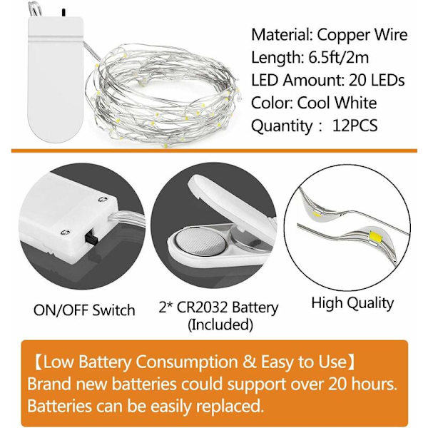 12 Pack Batteridrivna Fe-Ljus, 20 LED 2M Koppar Fe-Ljus, IP65 Vattentät Silvertråd Kalla Vita Atmosfärsljus för Julfest