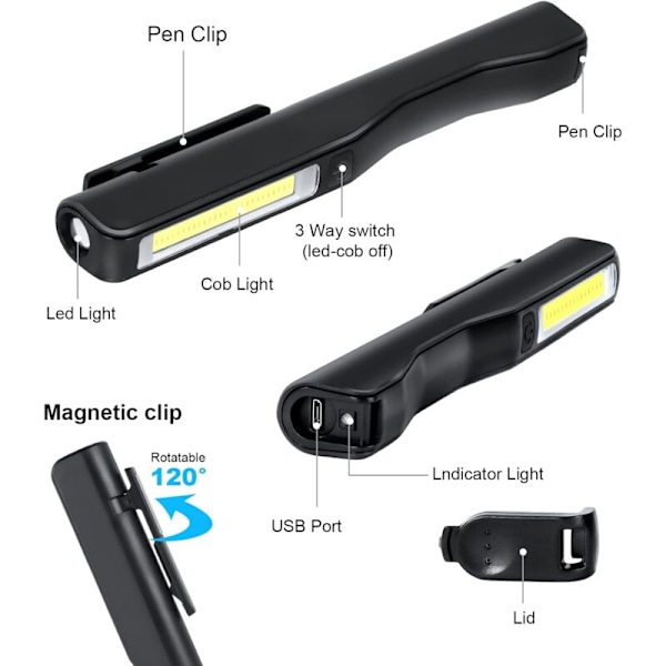 Arbetslampa, LED-arbetslampa, COB-arbetslampa, LED-handlampa, Uppladdningsbar och Superljusstark LED-Inspektionslampa med Magnetisk Klämma och USB-Laddning