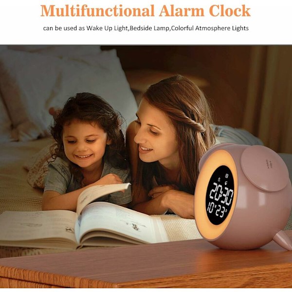 Lyser Alarmur, Børns Alarmur LED Sengelampe, Solopgang & Solnedgang Simulation, med Touch Control Snooze Funktion USB Strømforsynet, Wake-up L