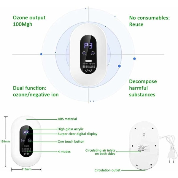 Ozon Generator, Mini Ozon Maskin med 4 Moduser Hængende Berøringsskærm, Bærbar Luftrenser med Energibesparende LED-skærm Anion Luftrenser til Hom