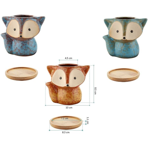 10CM Små Kaktuskrukaöverdrag med Bambubricka Set om 3, Söta Räv Kaktus Succulent Kruka Rund Keramisk Planteringskruka Behållare Hem Kontorsdekoration