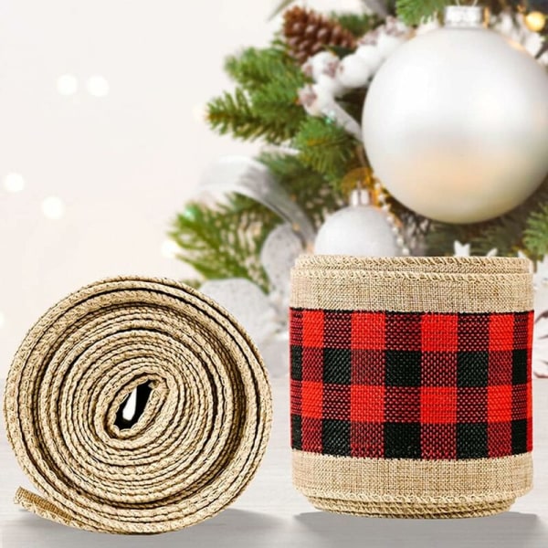 1 stk. julebånd i burlap, ternet stof i burlap, gaveindpakning, gavebånd, 2,48 x 220,47 tommer