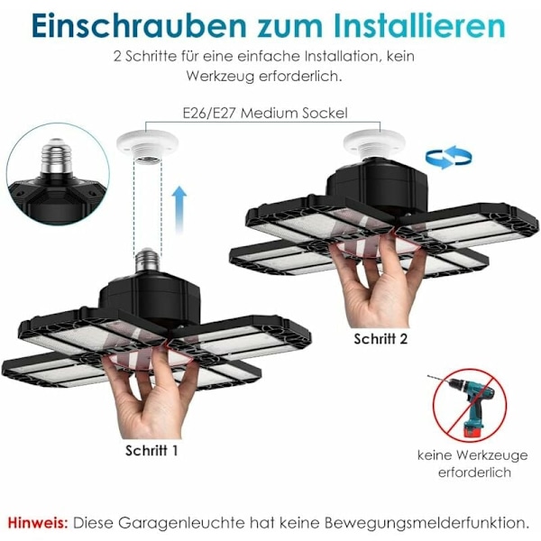 LED Verkstedlampe Garasjelys 2 stk, Deformerbar Taklampe med 12 Justerbare Paneler - E26 / E27 Bay Light for Kjølerrom Lager Verksted