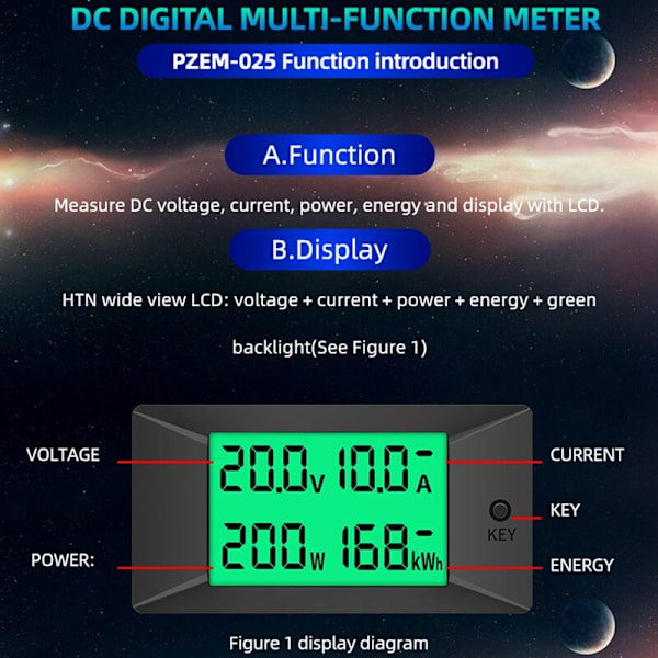 PZEM-025 DC Digital Batteritest Bidirektionel Amperemeter Voltmeter Effekt Energimåler 0-300V 100A