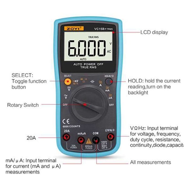 VC15B + LCD Display Digital Multimeter Multifunktionel Voltmeter Amperemeter Ohmmeter AC DC Tester 6000 Tællinger Baggrundsbelysning Automatisk Rækkevidde