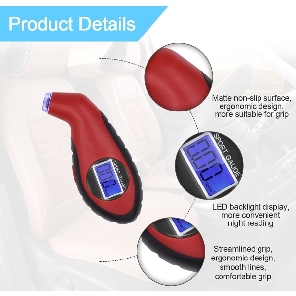 Digitaalinen rengaspainemittari, kannettava luistamaton kahva, taustavalaistu LCD, kevyt suutin, universal autoille, polkupyörille, moottoripyörille (punainen)
