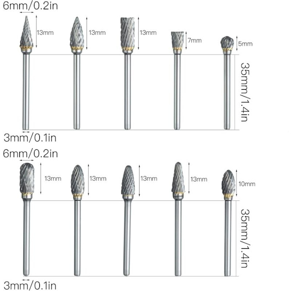 Rotary Burr Sæt til Dremel, 10 stk Dobbelt Skær Carbide Skærebits Sæt med 1/8 Skaft og 1/4 Hovedlængde til DIY, Træbearbejdning, Gravering, Metalbil