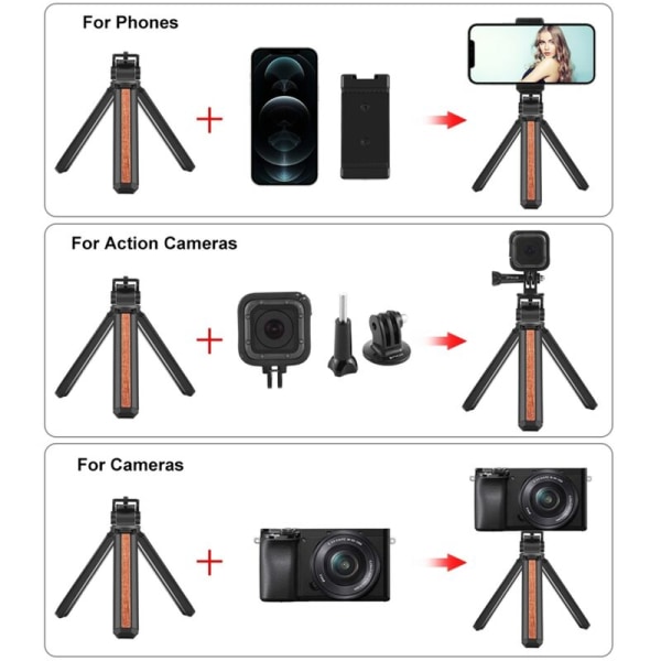 Live Tripod Stativ for Desktop i Tre med 1/4 Tommers Skruefeste med Tripodhode for Smarttelefon//Actionkameraer