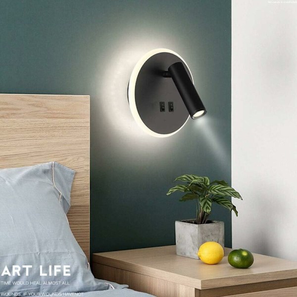 Justerbar Væghængt Sengelampe til Soveværelse, Væghængt Lampe til Soveværelse, Læselampe 3000K (3W+9W) (Rund Sort)