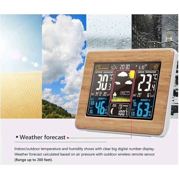 Trådløs vejrstation, digitalt termometer til indendørs og udendørs temperatur, fugtighed, alarmur, vejrur med 3-trins baggrundsbelysning (gul)-