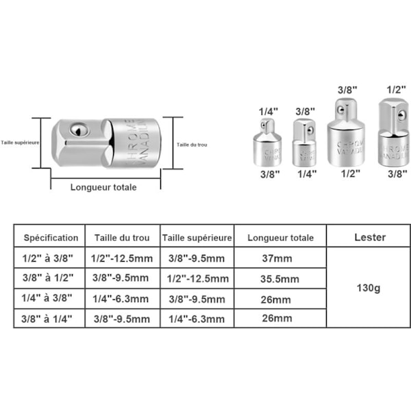 4-pack Hylsadapterset Ratschadapter Hylsreducer 1/2\" till 3/8\", 3/8\" till 1/2\", 1/4\" till 3/8\", 3/8\" till 1/4\" Ratschadapter för Hylsor
