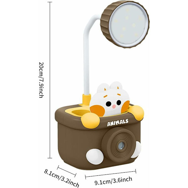 Uppladdningsbar skrivbordslampa för barnrum, 360° flexibel svanhals skrivbordslampa, med USB-portar/pennskärare/pennhållare, ögonvänlig skrivbordslampa (brun)