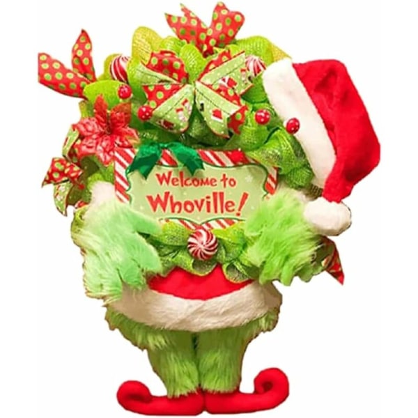 Grinch plysch julkrans för ytterdörren, Elf Body Burlap plysch ben dekorationer