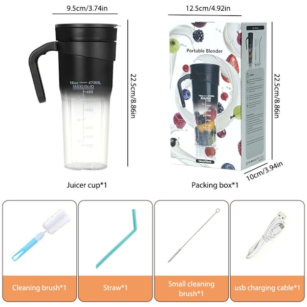 Bärbar Blender - 470ML - 150W - 4000mah USB Laddningsbar - Bärbar Mixer - Med Sugrör - Saftmaskin - Svart