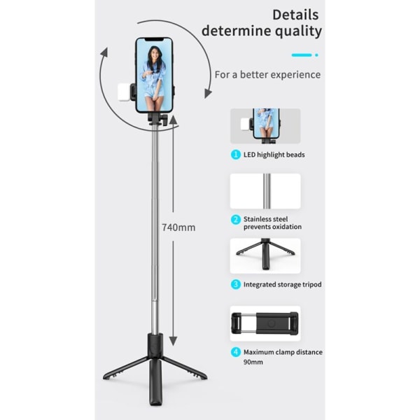 Selfie Stick - Grads Fotoholder Forlænget Stativ Live Broadcast Foldbar Mini Stativ Monopod Udtrækkelig,H