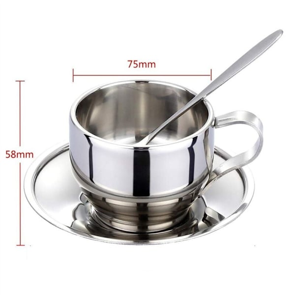 Isolerad kaffekopp set - Dubbelväggiga rostfria espressokoppar Latte Cappuccino Tekopp med fat och sked 125Ml (Set om 2)