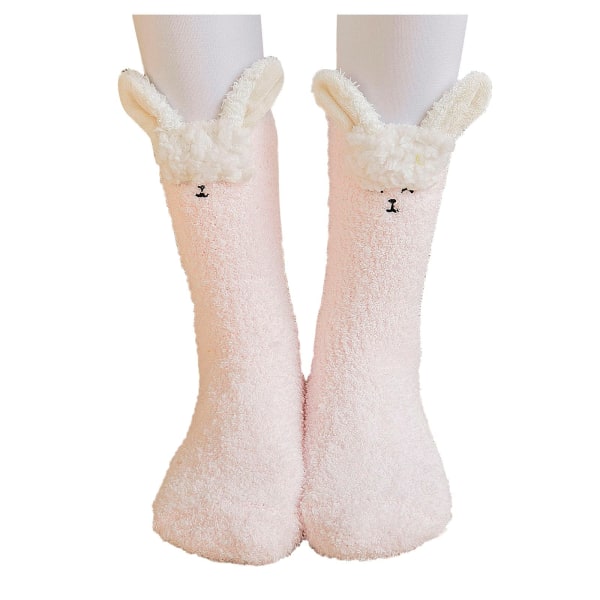 Plysjsokker for kvinner Vinter fortykket varm fleece hjemmetøffelsokker tegneserie behagelige myke sokker (rosa kanin)