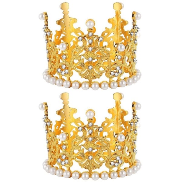 2 stk Mini Krone Kake Topper Perle Rhinestone Dronning Prinsesse Tiara Krone for Bryllup Bursdagsfest Kakedekorasjoner