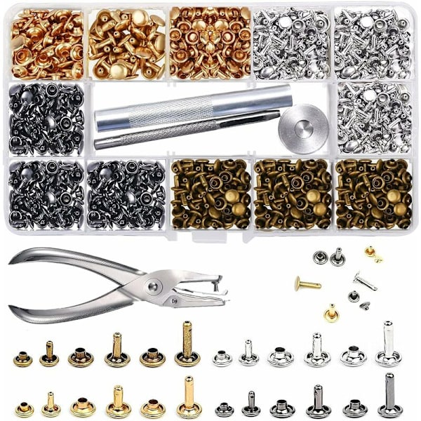Lädernit 480 Set 3 Storlekar Dubbla Nit Metallrörnit med 3 st Fästverktyg och Stans Tång för DIY Läderhantverk Ersättningsnit