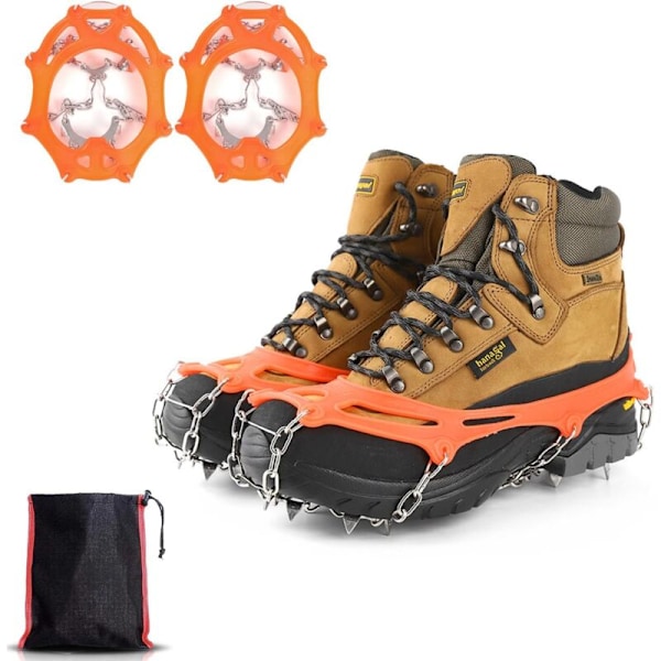 Sneekæder til sne (1 par), Anti-Slip Sneekæder med 8 Kæder til Sko i Manganstål til Snebestigning, Vandreture eller Aktiviteter på Sneet Terræn (Orange) -